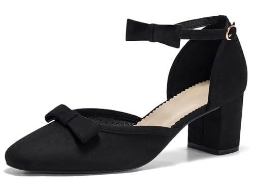 Womens Chunky Low Heels Bow Closed Toe Ankle Strap Pumps Elegant Wedding Party Dress Shoes
