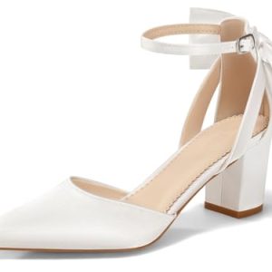 Womens Chunky Heels Low Heel Ankle Strap D'Orsay Pumps Closed Pointed Toe Wedding Bridal Shoes