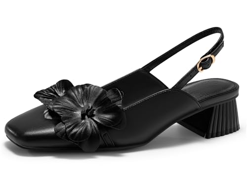 Womens Slingback Chunky Heels Flower Closed Square Toe Pumps Work Dress Shoes