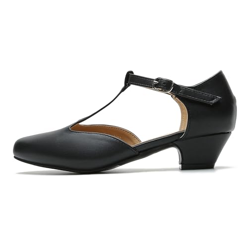 Women's T-Strap Low Chunky Heel Mary Jane Pumps Cut Out Wedding Dress Shoes