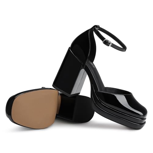 Women Chunky High Heels: Comfortable Ankle Strap Platform Pumps, Dress Wedding Shoes Party Bridal Graduation Pumps Black White