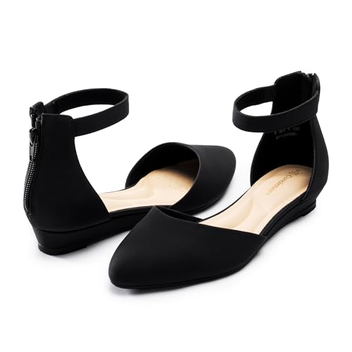 Women Flat Shoes with Ankle Strap, Low Wedge Heel Flats for Women, Comfortable Pointed Toe Dress Shoes for Work Business Wedding