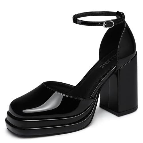 Women Chunky High Heels: Comfortable Ankle Strap Platform Pumps, Dress Wedding Shoes Party Bridal Graduation Pumps Black White
