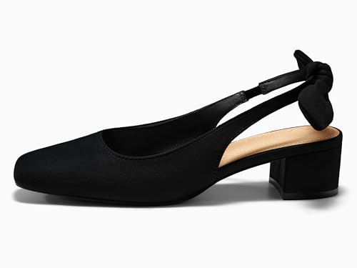 Womens Chunky Low Heels Bow Slingback Pumps Closed Square Toe Wedding Party Dress Shoes
