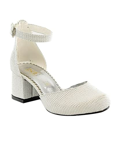 Flower Girls Communion Low Block Dress Cream Shoes Chunky Heels Closed Round Toe Ankle Strap Pump, Size US Little Kid 12
