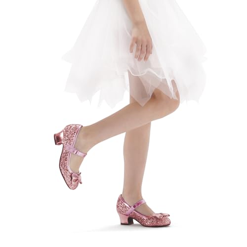 Girl's Dress Shoes Mary Jane Glitter 1.5 in Low Heel Wedding Party Princess Shoes for Toddler/Little/Big Kids