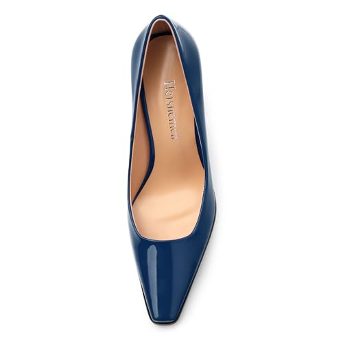Womens High Heels,Patent Closed Square Toe Slip on Chunky Block Pumps,Elegant Heels,Daily Wedding Party Dress Shoes 3.5IN