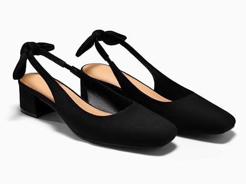 Womens Chunky Low Heels Bow Slingback Pumps Closed Square Toe Wedding Party Dress Shoes