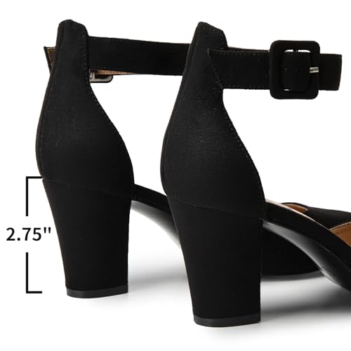 Heels for Women, Low Heel Closed Round Toe Chunky Block Nude Heels Adjustable Ankle Strap Comfy Pumps Shoes Black Heels for