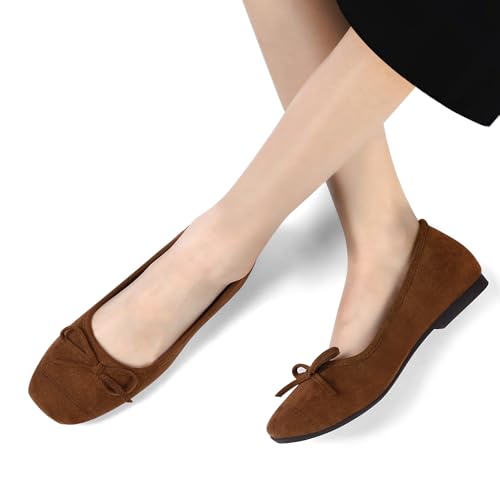 Women's Ballet Flats Cap Toe Bow Flats Two Tone Slip On Flats Comfort Square Toe Dressy Flat Shoes for Casual Work