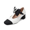 Women's Mary Jane Shoes - Square Toe Ankle T-Strap Chunky Heel Pumps with Glitter Bow Two-Tone Design