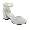 Flower Girls Communion Low Block Dress Silver Shoes Chunky Heels Closed Round Toe Ankle Strap Pump, Size US Little Kid 10