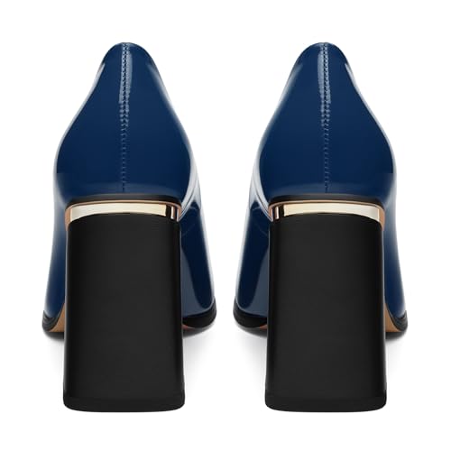 Womens High Heels,Patent Closed Square Toe Slip on Chunky Block Pumps,Elegant Heels,Daily Wedding Party Dress Shoes 3.5IN