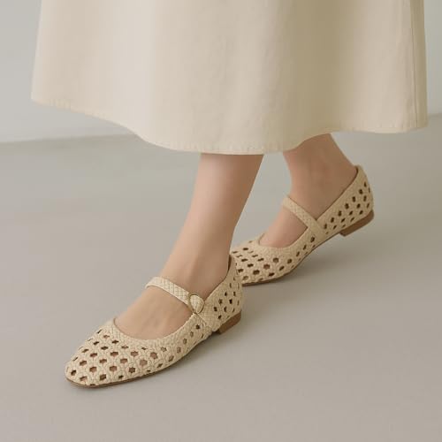 Weston Women’s Hand Woven Dressy Ballet Flats – Faux Leather Mary Jane with Adjustable Strap & Memory Foam