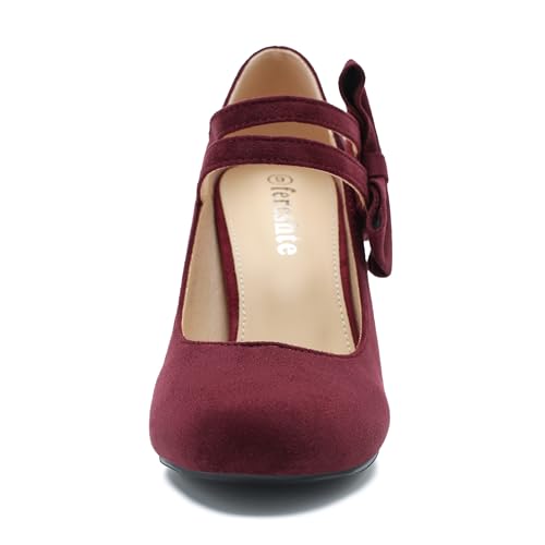 Womens Bow Heels Mary Jane Shoes Round Toe Chunky High Heel Side Bow Dress Pumps