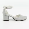 Flower Girls Communion Low Block Dress Silver Shoes Chunky Heels Closed Round Toe Ankle Strap Pump, Size US Little Kid 10