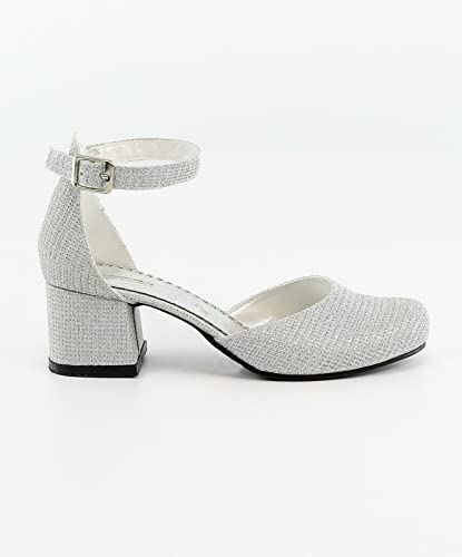 Flower Girls Communion Low Block Dress Silver Shoes Chunky Heels Closed Round Toe Ankle Strap Pump, Size US Little Kid 10