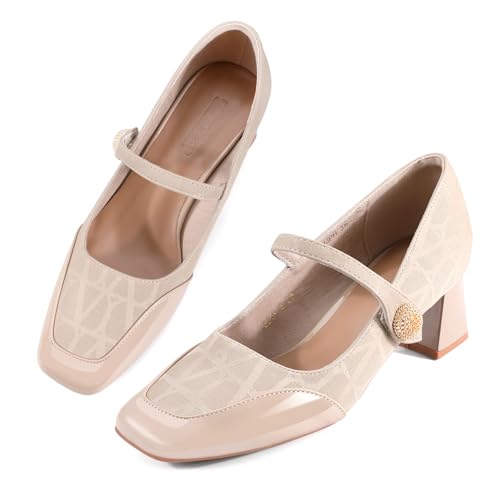 Women's Mary Jane Heels - Chunky Block Heel Pumps with Square Toe & Buckle Straps, Comfortable Dress Shoes for Wedding, Office,