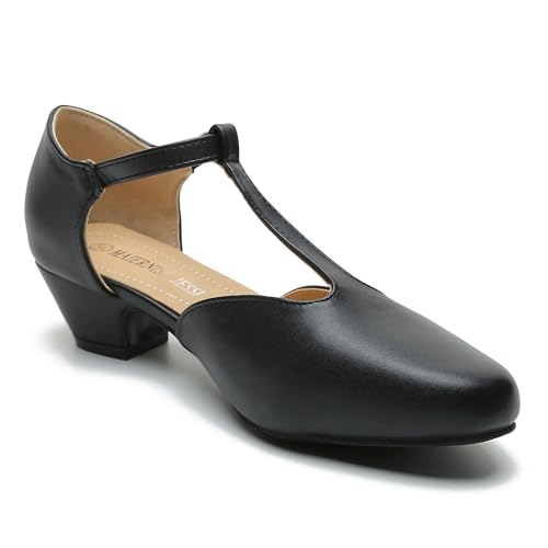 Women's T-Strap Low Chunky Heel Mary Jane Pumps Cut Out Wedding Dress Shoes