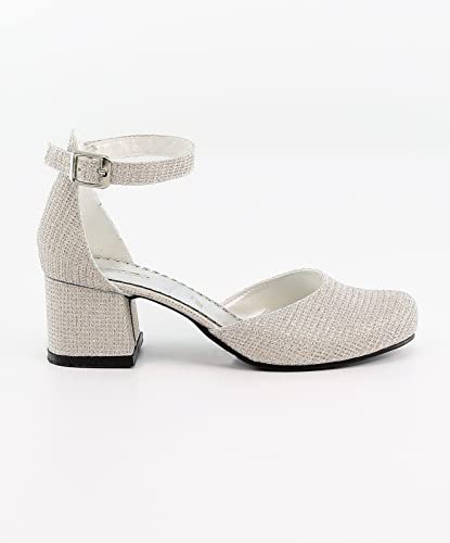 Flower Girls Communion Low Block Dress Cream and Gold Shoes Chunky Heels Closed Round Toe Ankle Strap Pump, Size US Little Kid