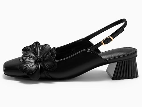 Womens Slingback Chunky Heels Flower Closed Square Toe Pumps Work Dress Shoes