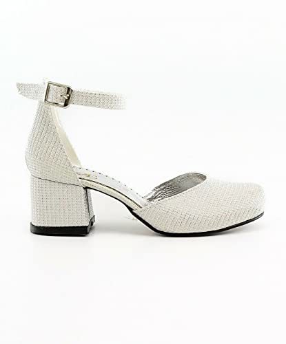 Flower Girls Communion Low Block Dress Cream Shoes Chunky Heels Closed Round Toe Ankle Strap Pump, Size US Little Kid 12