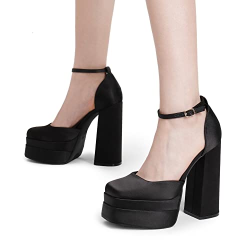 Women’s High Chunky Platform Closed Toe Block Heels Square Toe Ankle Strap Dress Wedding Party Pumps Shoes Aurelia