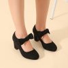 Women's Bow Mary Jane Low Block Chunky Heels Pumps Round Toe Low Heels Ankle Strap Wedding Dress Evening Party Shoes
