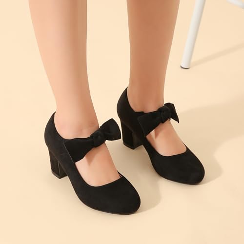 Women's Bow Mary Jane Low Block Chunky Heels Pumps Round Toe Low Heels Ankle Strap Wedding Dress Evening Party Shoes