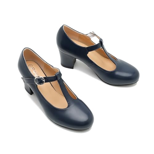 Women's T Strap Mary Jane Chunky Heel Low Block Pumps Round Toe Dress Office Work Shoes