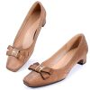 Women Chunky Heels Slip On Casual Pumps Square Toe Bow Knot Closed Toe Shoes