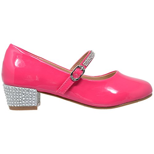 Kids Dress Shoes Low Chunky Heel Mary Jane Girls Pumps Rhinestone Strap