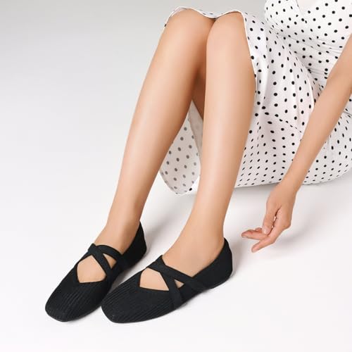 Flats for Women Square Toe Ballet Flats Cross Strap Comfortable Arch Support Dressy Knit Flats for Women Mary Jane Flats Slip On