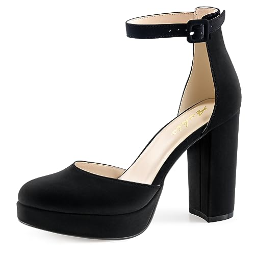 Black Platform Closed Toe Heels for Women, Womens Heels Closed Round Toe Chunky Block Pumps Shoes, 4 Inch