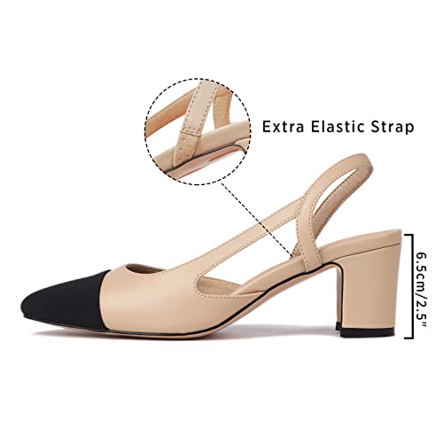 Slingback Heels for Women，Round Toe Chunky Heeled Pumps Ankle Strap Fashion Splicing Dress Shoes