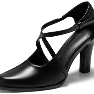 Womens Chunky High Heels Dress Shoes Closed Pointed Toe Cross Strap Buckle Pumps Vintage D'Orsay Party Shoes