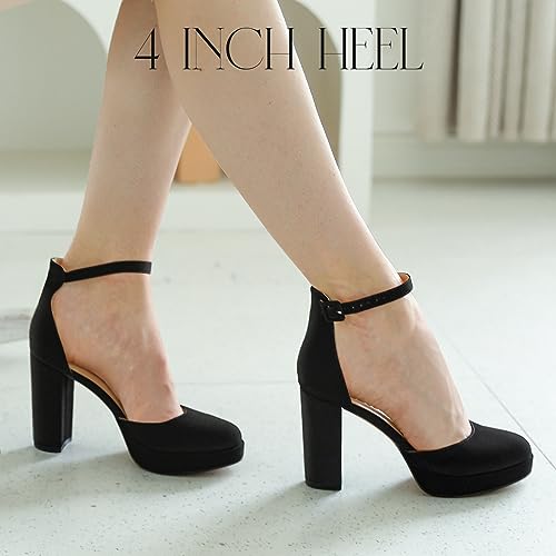 Black Platform Closed Toe Heels for Women, Womens Heels Closed Round Toe Chunky Block Pumps Shoes, 4 Inch