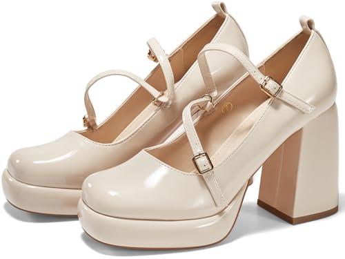 Womens Mary Jane Heels Chunky Platform Loafer Shoes Block Heel Closed Square Toe Pumps Cross Strap High Heel Dress Shoes