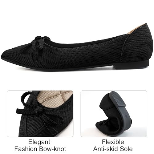 Ballet Flats Shoes for Women: Dressy Pointed Toe Bow Knit Flats Comfortable Slip On Work Business Shoes for Driving Dating