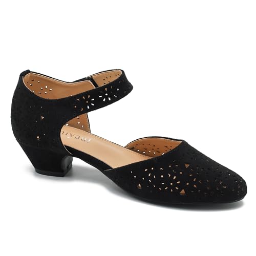 Women's Ankle Strap Cut Out Closed Toe Low Block Heels Pumps Retro Shoes Hook and Loop D'Orsay Comfortable Vintage Dressy