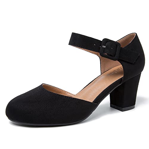Women's Ankle Strap Pumps Closed Round Toe Buckle Low Chunky Block Heel D'Orsay Sandals Comfortable Dress Wedding Party Office