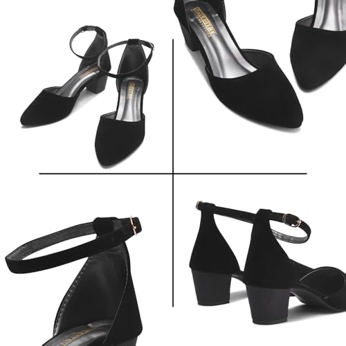 Women’s Black High Heel Ankle Strap Closed Toe Chunky Pumps – Stylish & Comfortable Heels for Office, Party, and Evening Wear