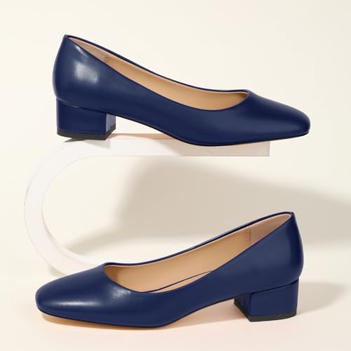 Women's Low Heel Pumps 1.2 Inch Square Toe Slip On Chunky Block Heel Comfortable Dress Shoes for Office Work Business Casual
