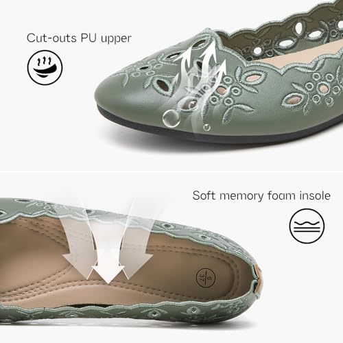 Women's Comfortable Dress Shoes Ballet Flats Slip On Shoes Black Flats Round Toe PU Leather Flats Summer with Floral Eyelets
