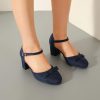 Women's Chunky Heels Pumps Bow Closed Toe Ankle Strap Pumps Low Block Heel Elegant Wedding Party Dress Shoes