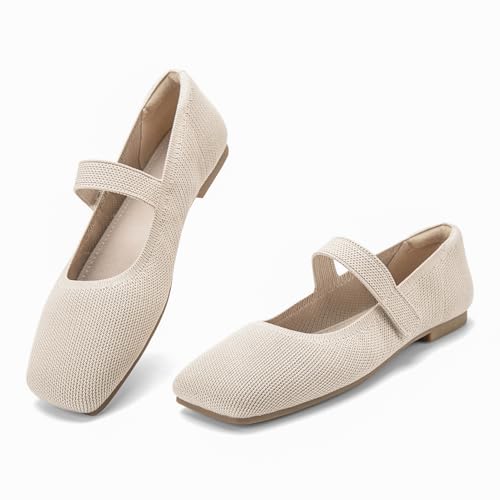 Wide Toe Box Flats Women Comfort Slip On Ballet Shoes Mary Jane Dressy Knit Flats with Adjustable Straps Washable Casual Office