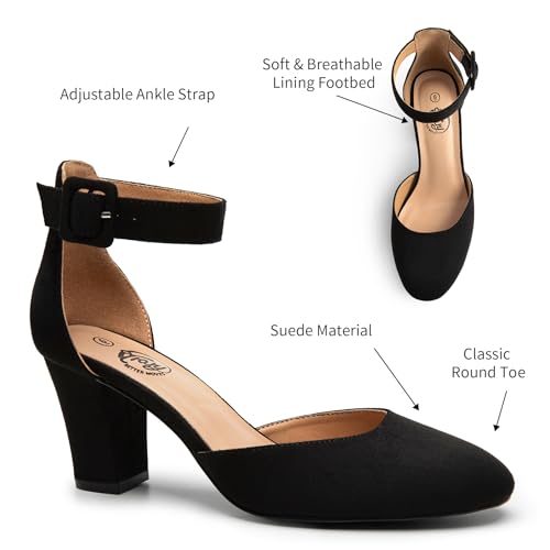 Heels for Women, Low Heel Closed Round Toe Chunky Block Nude Heels Adjustable Ankle Strap Comfy Pumps Shoes Black Heels for