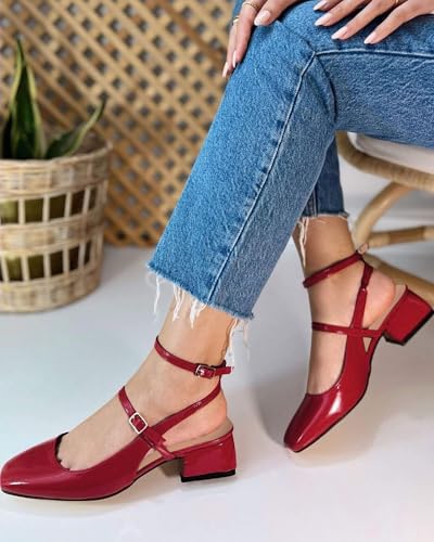 Womens Mary Jane Chunky Low Heels Closed Square Toe Ankle Strap Pumps Wedding Party Dress Shoes