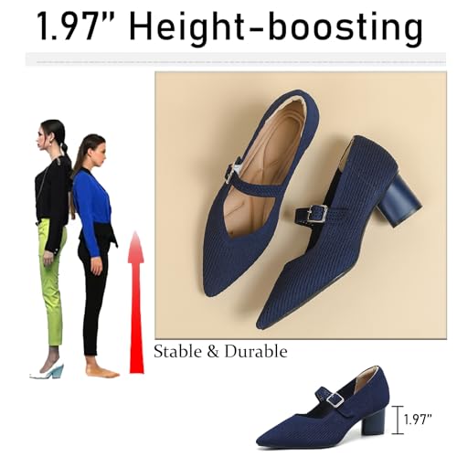 Women's Knit Chunky Heel Pumps with Adjust Buckle Strap Fashion Comfortable Pointed Toe Block Heels Mary Janes Pumps for Party