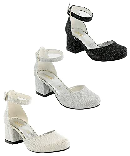 Flower Girls Communion Low Block Dress Silver Shoes Chunky Heels Closed Round Toe Ankle Strap Pump, Size US Little Kid 10